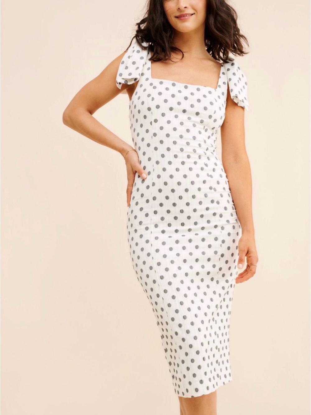 Anthropologie White Midi Dress with Black Polka Dots and Tie Shoulders size XL